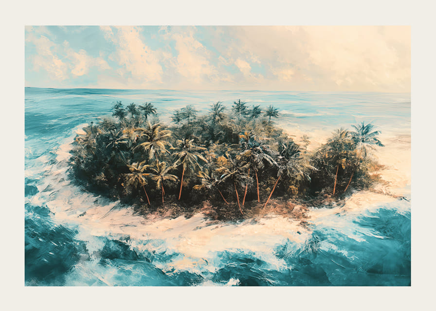 Juliste syrjäisestä trooppisesta saaresta, jota ympäröi kristallinkirkas vesi ja huojuvat palmut-12
