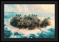 A poster of a remote tropical island, surrounded by crystal clear water and swaying palm trees-4