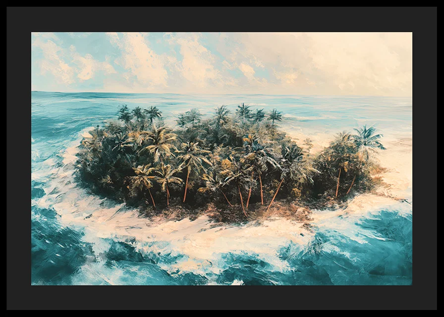 A poster of a remote tropical island, surrounded by crystal clear water and swaying palm trees-12