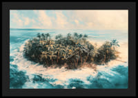 Juliste syrjäisestä trooppisesta saaresta, jota ympäröi kristallinkirkas vesi ja huojuvat palmut-4