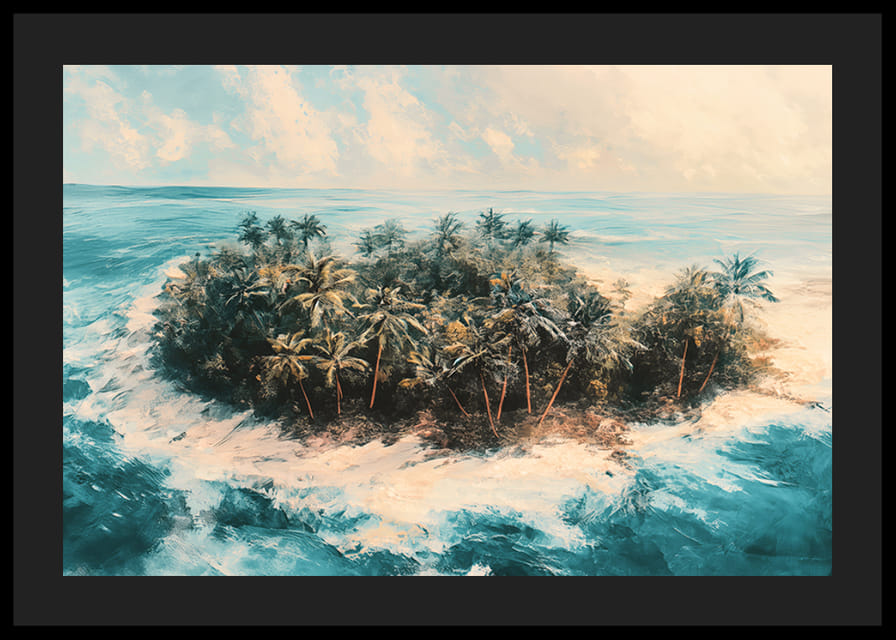 Juliste syrjäisestä trooppisesta saaresta, jota ympäröi kristallinkirkas vesi ja huojuvat palmut-12