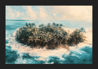 Juliste syrjäisestä trooppisesta saaresta, jota ympäröi kristallinkirkas vesi ja huojuvat palmut-5