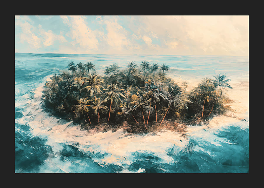 Juliste syrjäisestä trooppisesta saaresta, jota ympäröi kristallinkirkas vesi ja huojuvat palmut-12