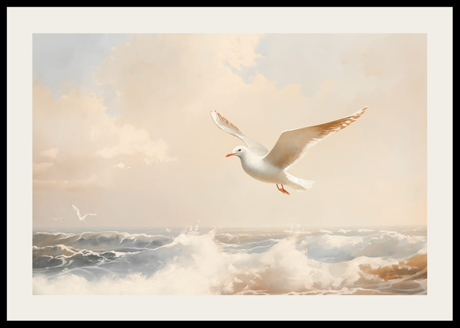 En poster av en mås i flykt över havets skummande vågor-12