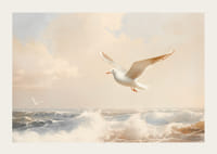 En poster av en mås i flykt över havets skummande vågor-3