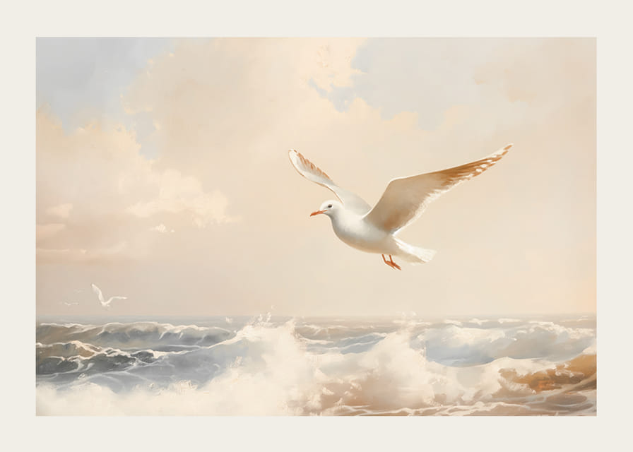 En poster av en mås i flykt över havets skummande vågor-12