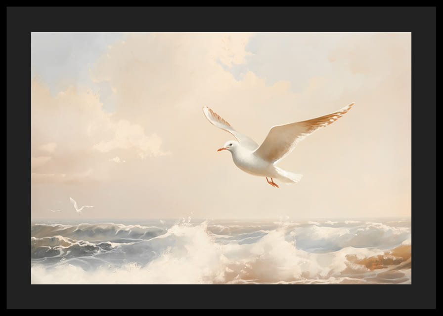 En poster av en mås i flykt över havets skummande vågor-12