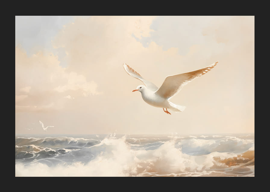 En poster av en mås i flykt över havets skummande vågor-12