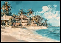En livfull poster med vajande palmer, strandvillor och turkost hav-6
