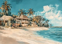 En livfull poster med vajande palmer, strandvillor och turkost hav-7