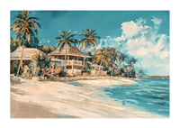 En livfull poster med vajande palmer, strandvillor och turkost hav-1