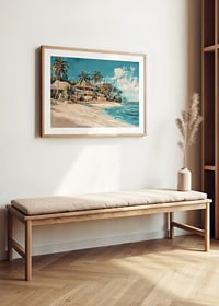 En livfull poster med vajande palmer, strandvillor och turkost hav-8