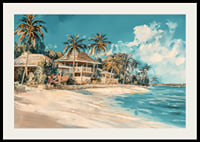 En livfull poster med vajande palmer, strandvillor och turkost hav-2