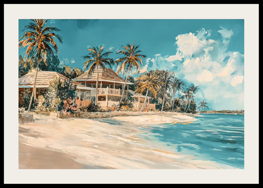 En livfull poster med vajande palmer, strandvillor och turkost hav-12