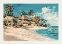En livfull poster med vajande palmer, strandvillor och turkost hav-3