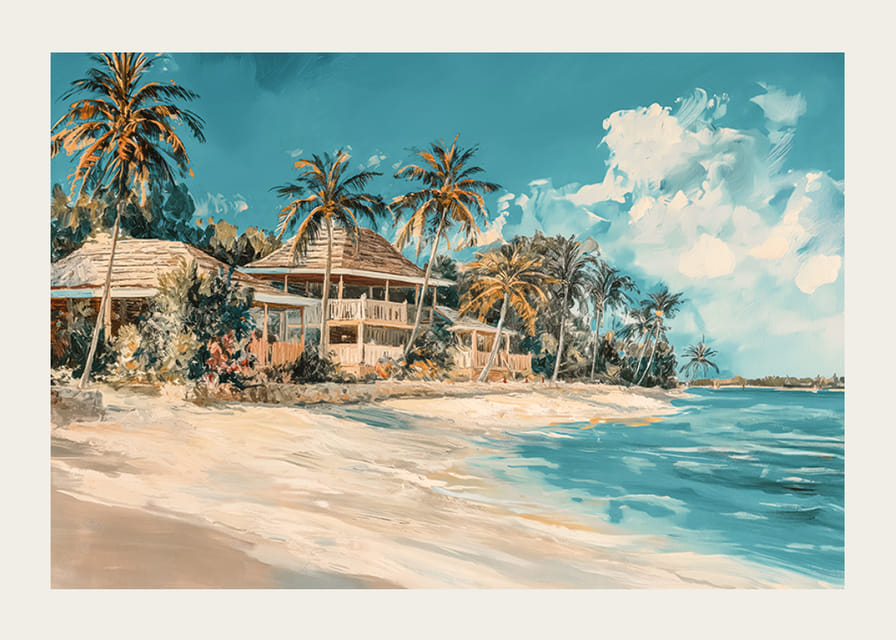 En livfull poster med vajande palmer, strandvillor och turkost hav-12