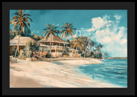 En livfull poster med vajande palmer, strandvillor och turkost hav-4