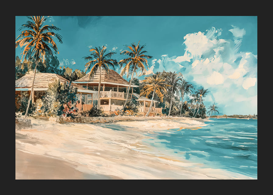 En livfull poster med vajande palmer, strandvillor och turkost hav-12