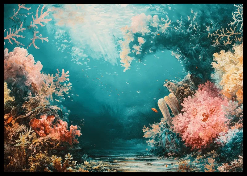 A poster of a vibrant underwater landscape with sunlit corals-12