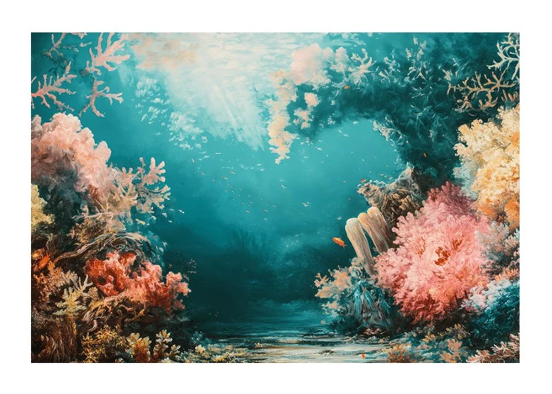 A poster of a vibrant underwater landscape with sunlit corals-12