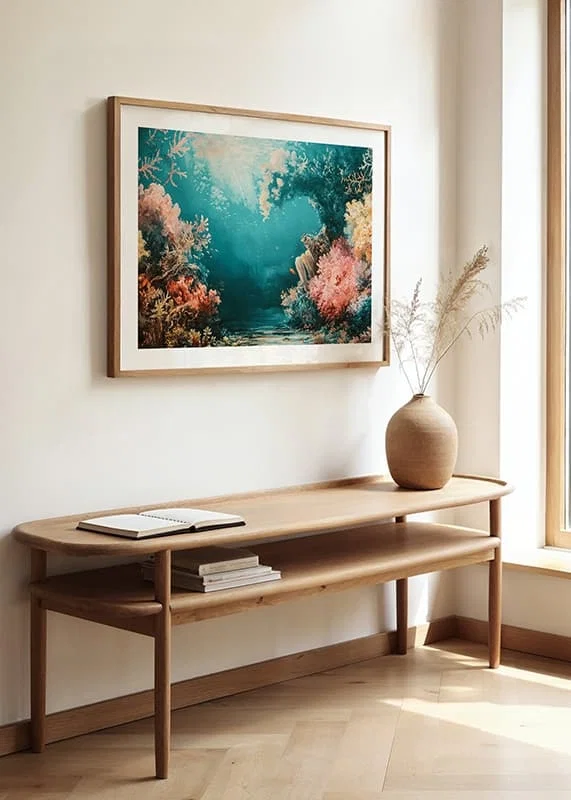 A poster of a vibrant underwater landscape with sunlit corals-12