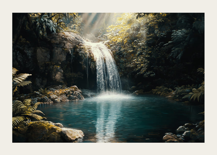 En poster av ett kristallklart vattenfall omgivet av lummig djungel-12