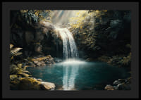 En poster av ett kristallklart vattenfall omgivet av lummig djungel-4