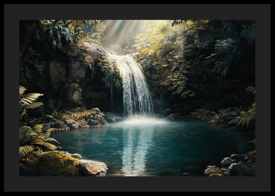 En poster av ett kristallklart vattenfall omgivet av lummig djungel-12