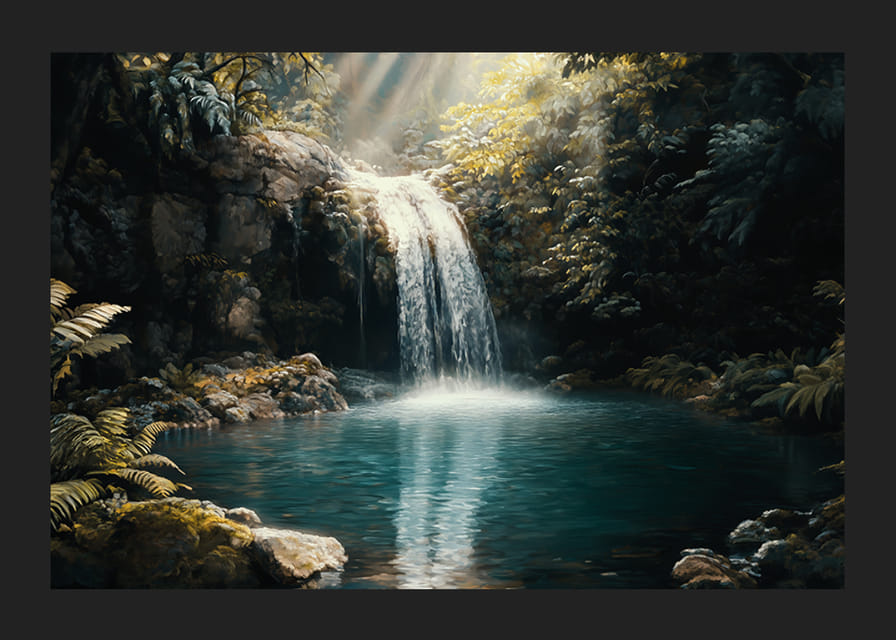 En poster av ett kristallklart vattenfall omgivet av lummig djungel-12