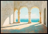 Ein Poster mit sonnenbeschienenen Steinbögen und einem atemberaubenden Blick auf das glitzernde Meer-6