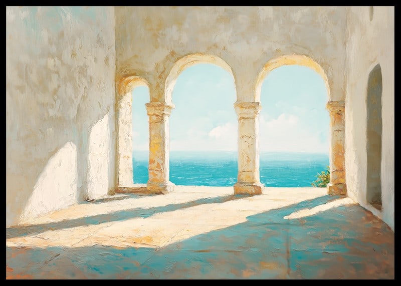 Ein Poster mit sonnenbeschienenen Steinbögen und einem atemberaubenden Blick auf das glitzernde Meer-12