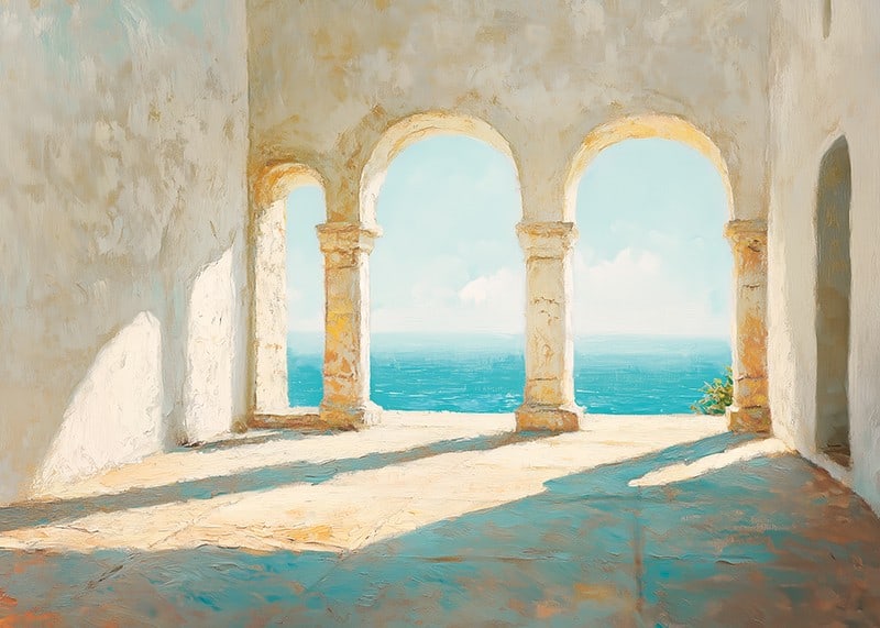 Ein Poster mit sonnenbeschienenen Steinbögen und einem atemberaubenden Blick auf das glitzernde Meer-12