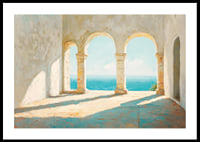 Ein Poster mit sonnenbeschienenen Steinbögen und einem atemberaubenden Blick auf das glitzernde Meer-0