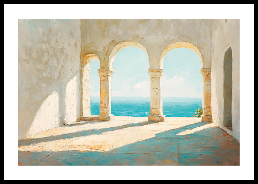 Ein Poster mit sonnenbeschienenen Steinbögen und einem atemberaubenden Blick auf das glitzernde Meer-12