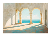Ein Poster mit sonnenbeschienenen Steinbögen und einem atemberaubenden Blick auf das glitzernde Meer-1