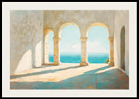 Ein Poster mit sonnenbeschienenen Steinbögen und einem atemberaubenden Blick auf das glitzernde Meer-2