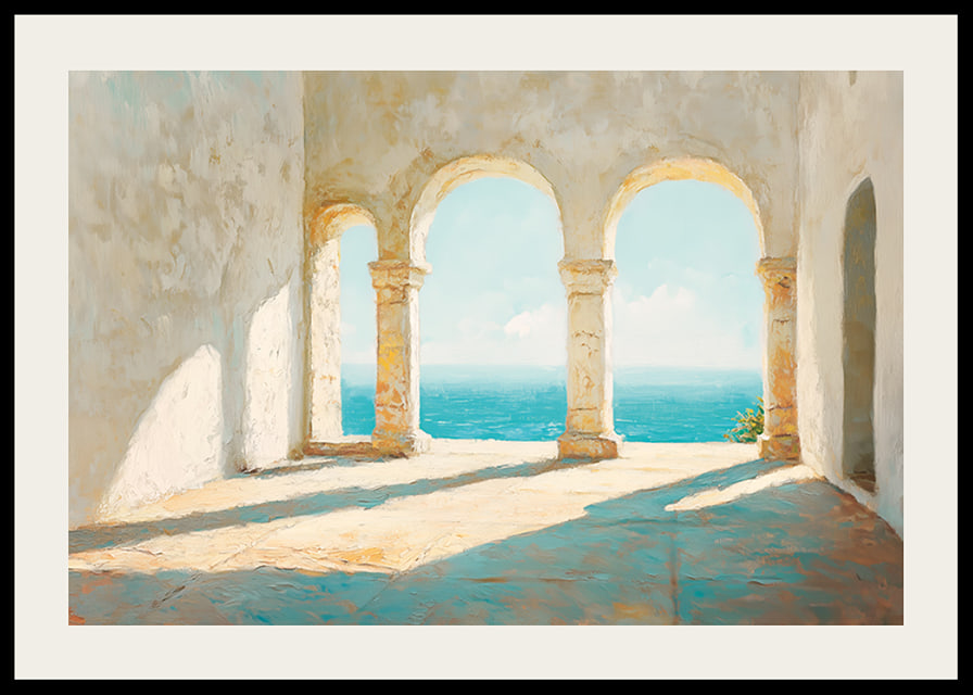 Ein Poster mit sonnenbeschienenen Steinbögen und einem atemberaubenden Blick auf das glitzernde Meer-12
