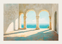Ein Poster mit sonnenbeschienenen Steinbögen und einem atemberaubenden Blick auf das glitzernde Meer-3
