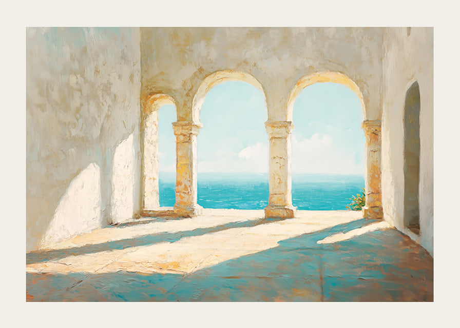 Ein Poster mit sonnenbeschienenen Steinbögen und einem atemberaubenden Blick auf das glitzernde Meer-12