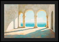 Ein Poster mit sonnenbeschienenen Steinbögen und einem atemberaubenden Blick auf das glitzernde Meer-4