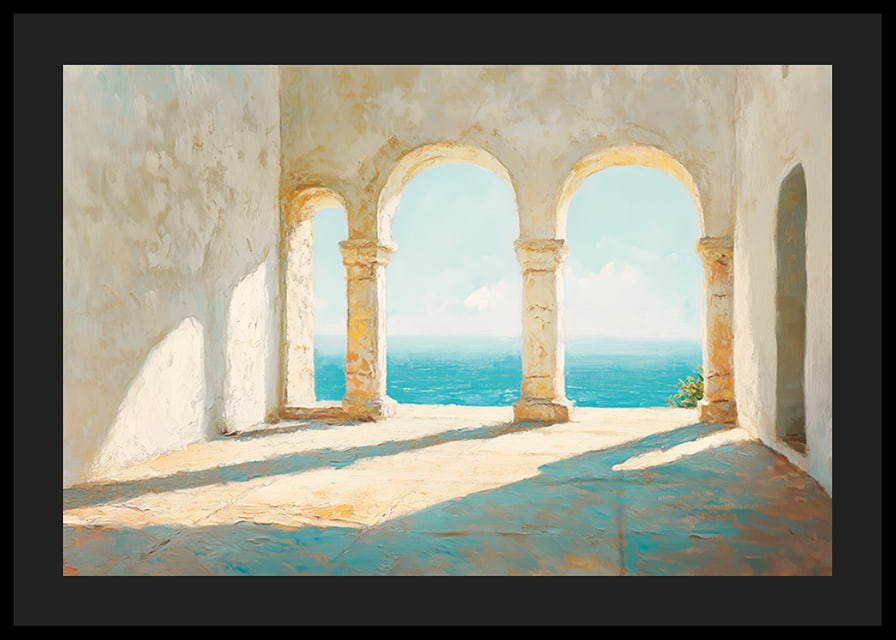 Ein Poster mit sonnenbeschienenen Steinbögen und einem atemberaubenden Blick auf das glitzernde Meer-12