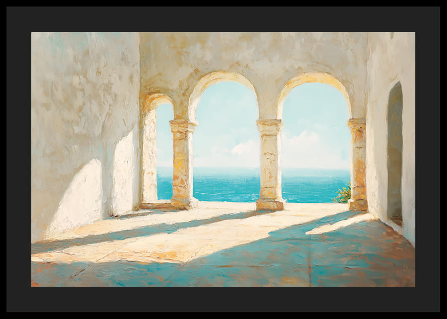 A poster with sunlit stone arches and a breathtaking view of the sparkling sea-12