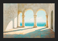 Ein Poster mit sonnenbeschienenen Steinbögen und einem atemberaubenden Blick auf das glitzernde Meer-5