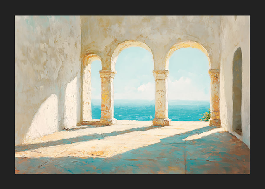 Ein Poster mit sonnenbeschienenen Steinbögen und einem atemberaubenden Blick auf das glitzernde Meer-12