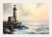 En atmosfærisk plakat av et majestetisk fyrtårn på den brusende kysten-3