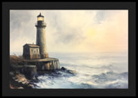 En atmosfærisk plakat av et majestetisk fyrtårn på den brusende kysten-4