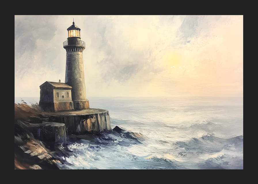 En atmosfærisk plakat av et majestetisk fyrtårn på den brusende kysten-12