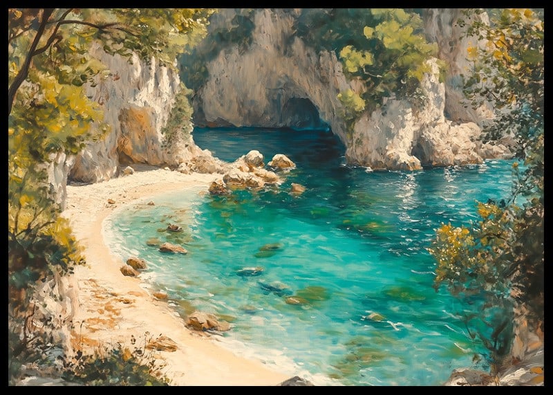 A poster of a pristine paradise beach with crystal clear turquoise water and lush greenery-12