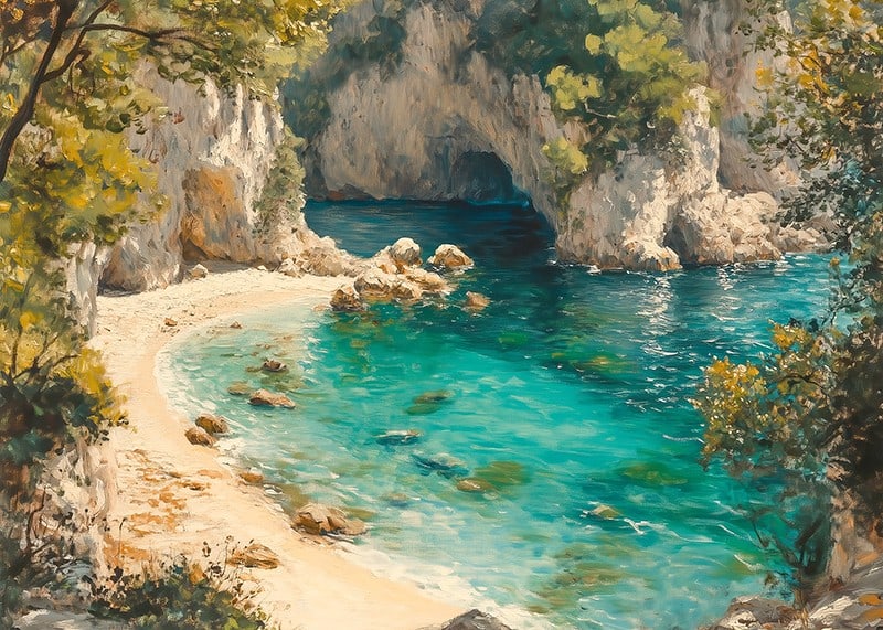 A poster of a pristine paradise beach with crystal clear turquoise water and lush greenery-12