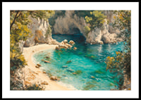 A poster of a pristine paradise beach with crystal clear turquoise water and lush greenery-0